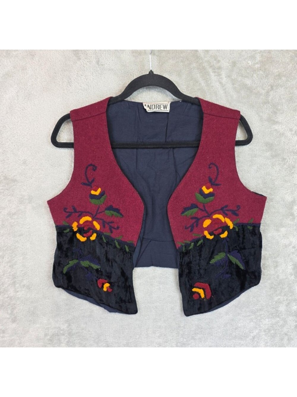 Vintage Andrew Sweater Vest Womens M Red Black Velvet Floral Embroidered Boho